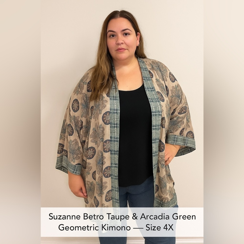Suzanne Betro Taupe & Arcadia Green Geometric Kimono – Size 4X